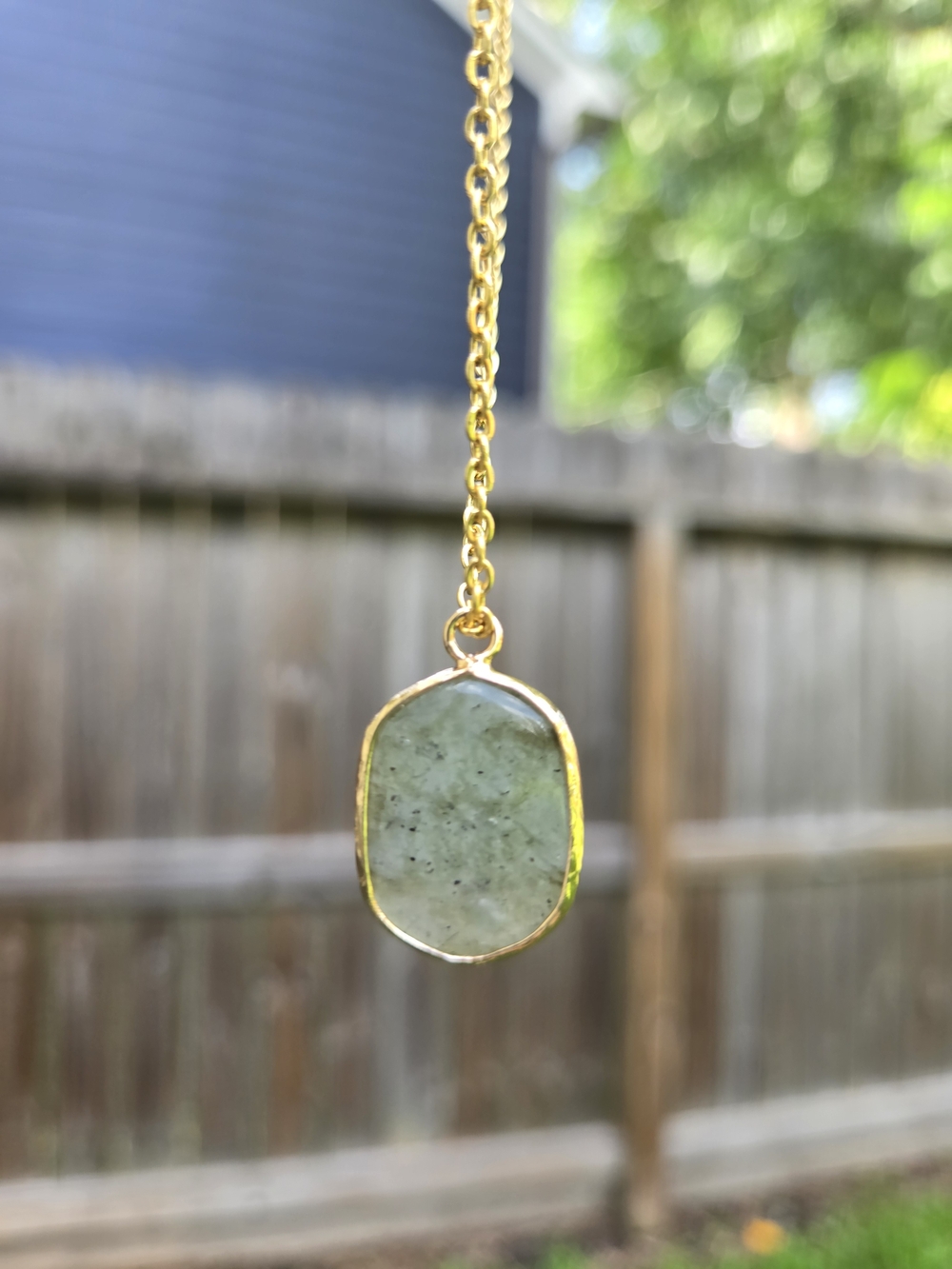 Gold-tone Green Natural Stone Pendant Necklace